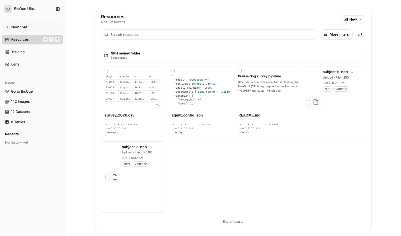 BisQue Ultra Resources view with search, filters, a research folder, tables, configuration, documentation, and scientific files.